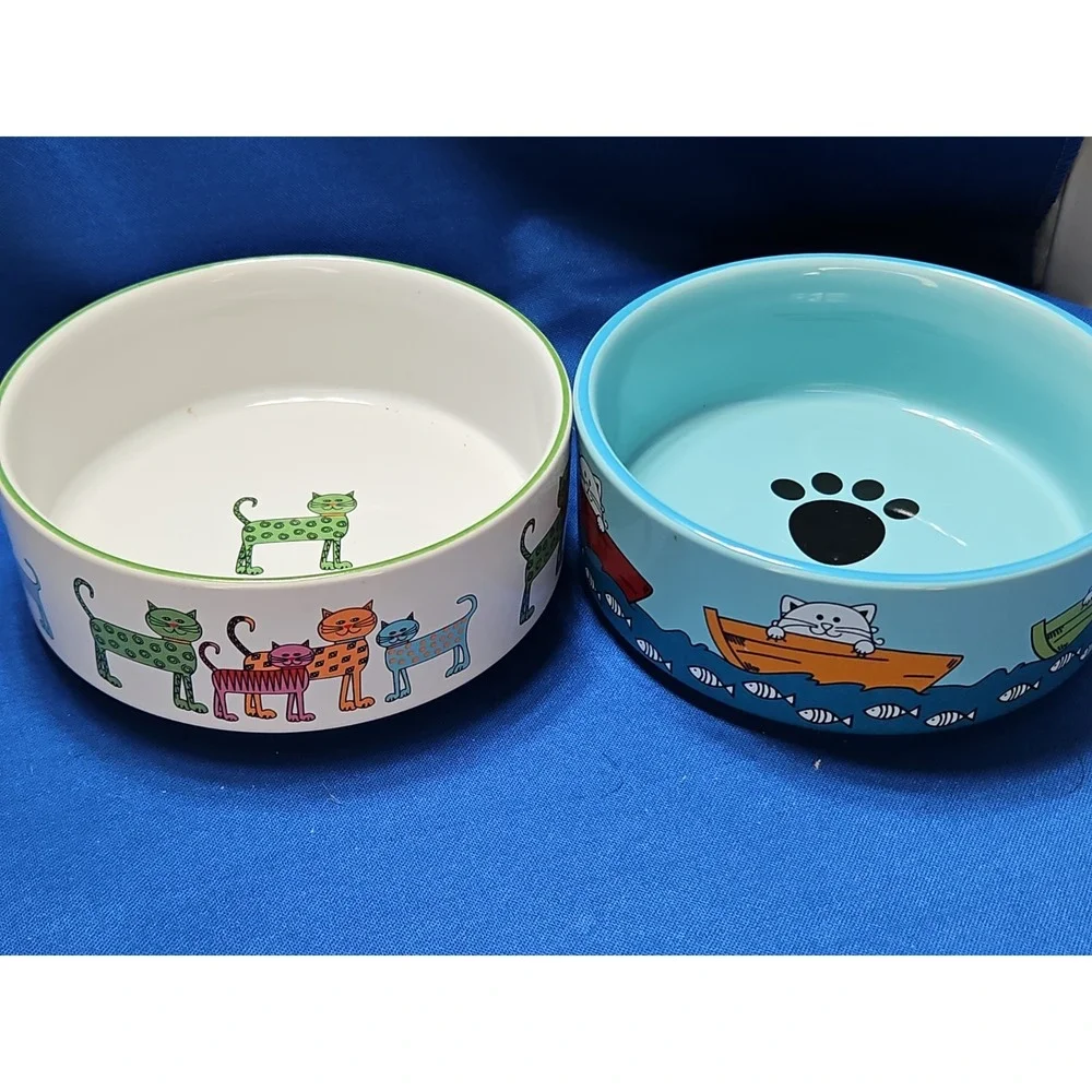 2 Whisker City Cat Food Water Bowl Dish Fishing Whimsical Abstract Cats